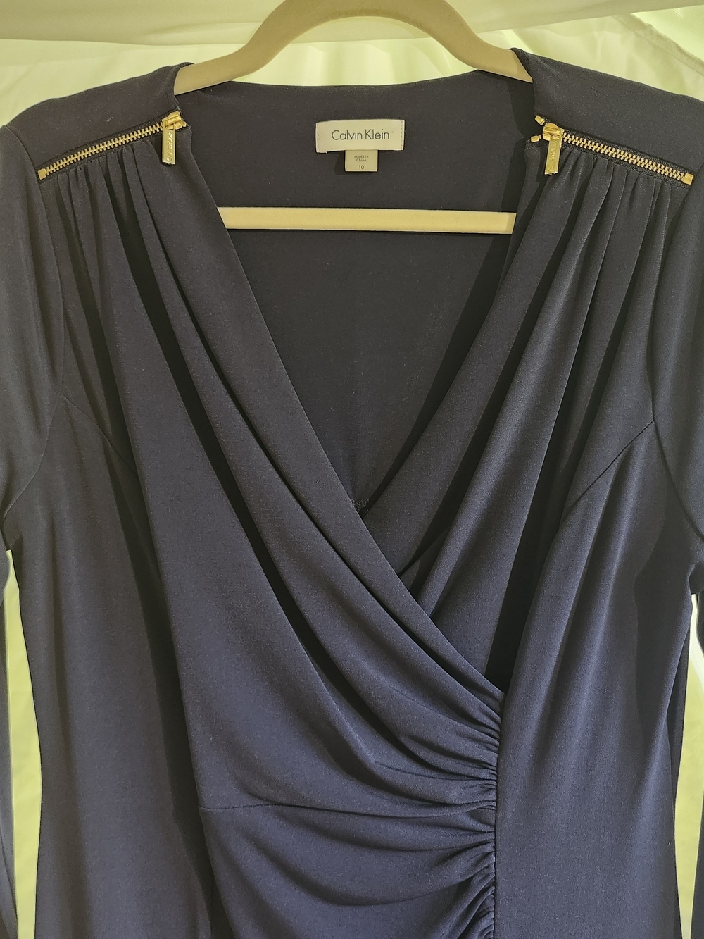 Calvin Klein Navy Faux-Wrap Ruched Midi Dress with Gold Zipper Detail - Picture 3 of 8